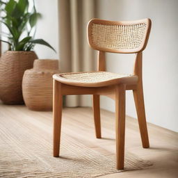 Close-up view of a natural teak wood dining chair inspired by fire, in a quaint cafe setting accompanied by a night stand made of a mix of teak and rattan woven design.