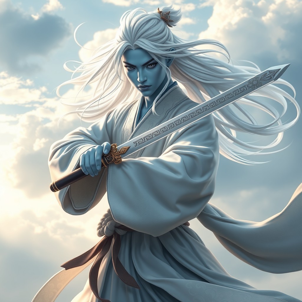 A stunning Air Genasi monk, featuring ethereal blue skin and flowing white hair that seems to float in the wind