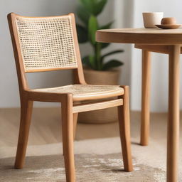 Close-up view of a natural teak wood dining chair inspired by fire, in a quaint cafe setting accompanied by a night stand made of a mix of teak and rattan woven design.