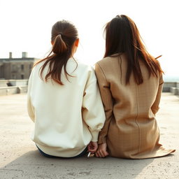 Two girls sitting side by side, facing away from the camera, gazing out into the distance
