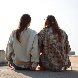 Two girls sitting side by side, facing away from the camera, gazing out into the distance