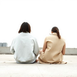 Two girls sitting side by side, facing away from the camera, gazing out into the distance
