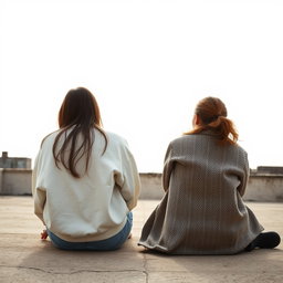 Two girls sitting side by side, facing away from the camera, gazing out into the distance