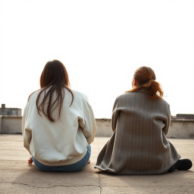 Two girls sitting side by side, facing away from the camera, gazing out into the distance