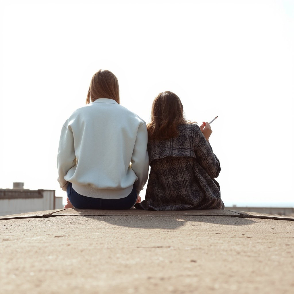 Two girls sitting side by side, facing away from the camera, gazing into the distance
