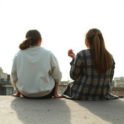 Two girls sitting side by side, facing away from the camera, gazing into the distance