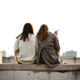 Two girls sitting side by side, facing away from the camera, gazing into the distance