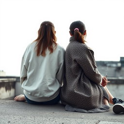 Two girls sitting side by side, facing away from the camera, gazing into the distance