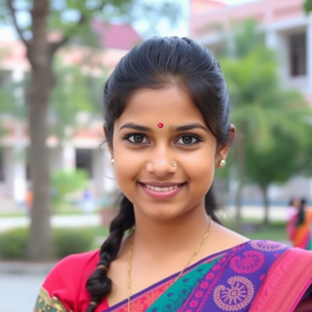 A Tamil college girl wearing a colorful chudithar, adorned with a delicate nose pin