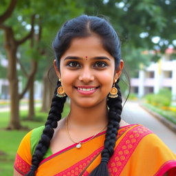 A Tamil college girl wearing a colorful chudithar, adorned with a delicate nose pin