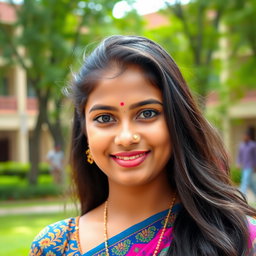 A Tamil college girl wearing a colorful chudithar, adorned with a delicate nose pin