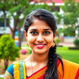 A Tamil college girl wearing a colorful chudithar, adorned with a delicate nose pin