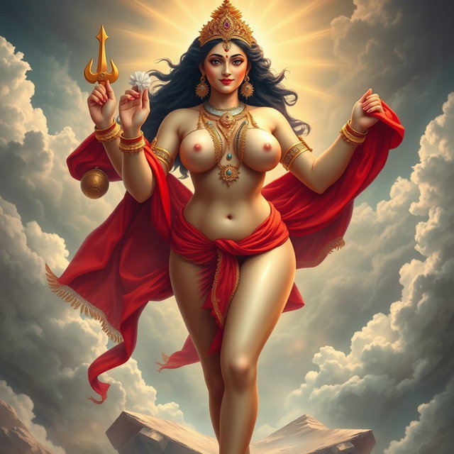 A stunning divine goddess with a captivating and beautiful face, fully naked, showcasing her voluptuous figure with an emphasis on her big breasts and strong thighs