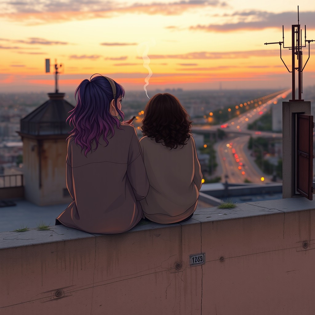 Two girls sitting side by side on top of an old building during sunset, facing away as they gaze at the city below