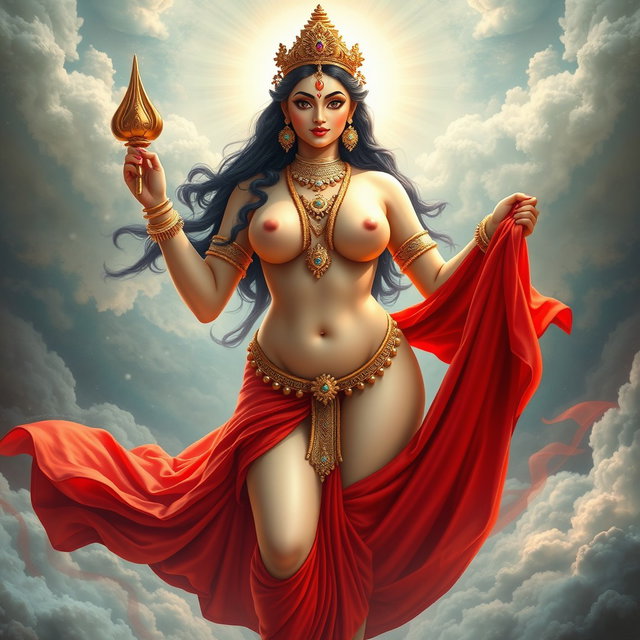 A breathtakingly beautiful divine goddess with a captivating face, fully naked and showcasing her voluptuous figure with an emphasis on her big breasts and strong thighs