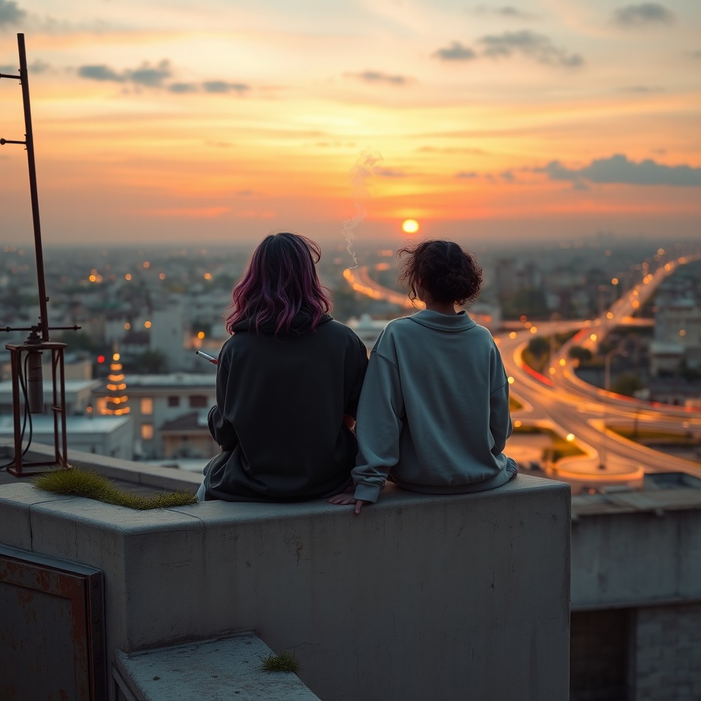 Two girls sitting side by side on top of an old building during sunset, facing away while observing the city below