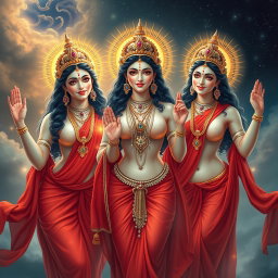 A stunning portrayal of three divine goddesses, each radiating beauty and allure