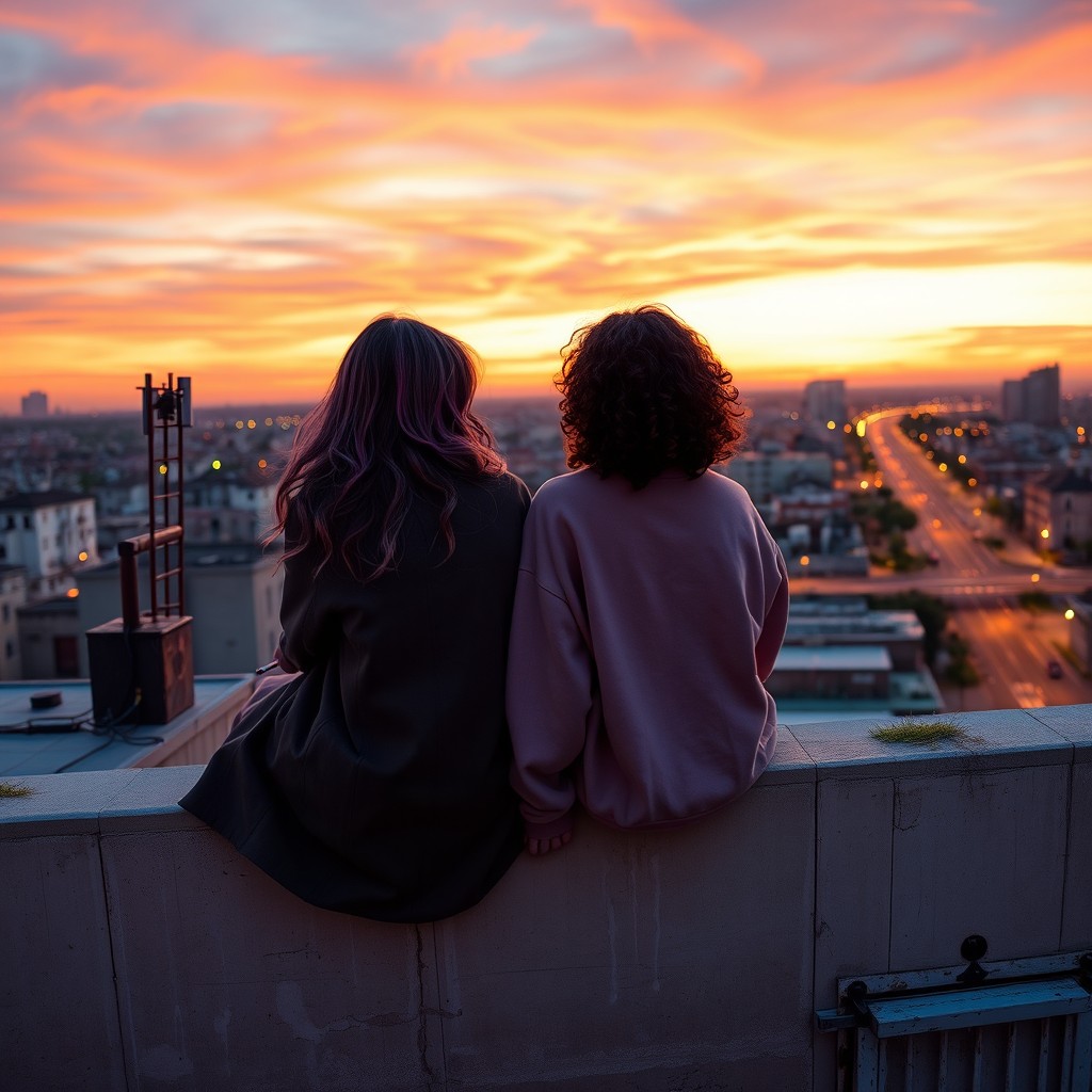 Two girls sitting side by side on the rooftop of an old building during sunset, gazing at the city below