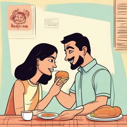 A playful cartoon of a young lady and a man facing each other, joyously eating vadapav, a beloved Indian snack