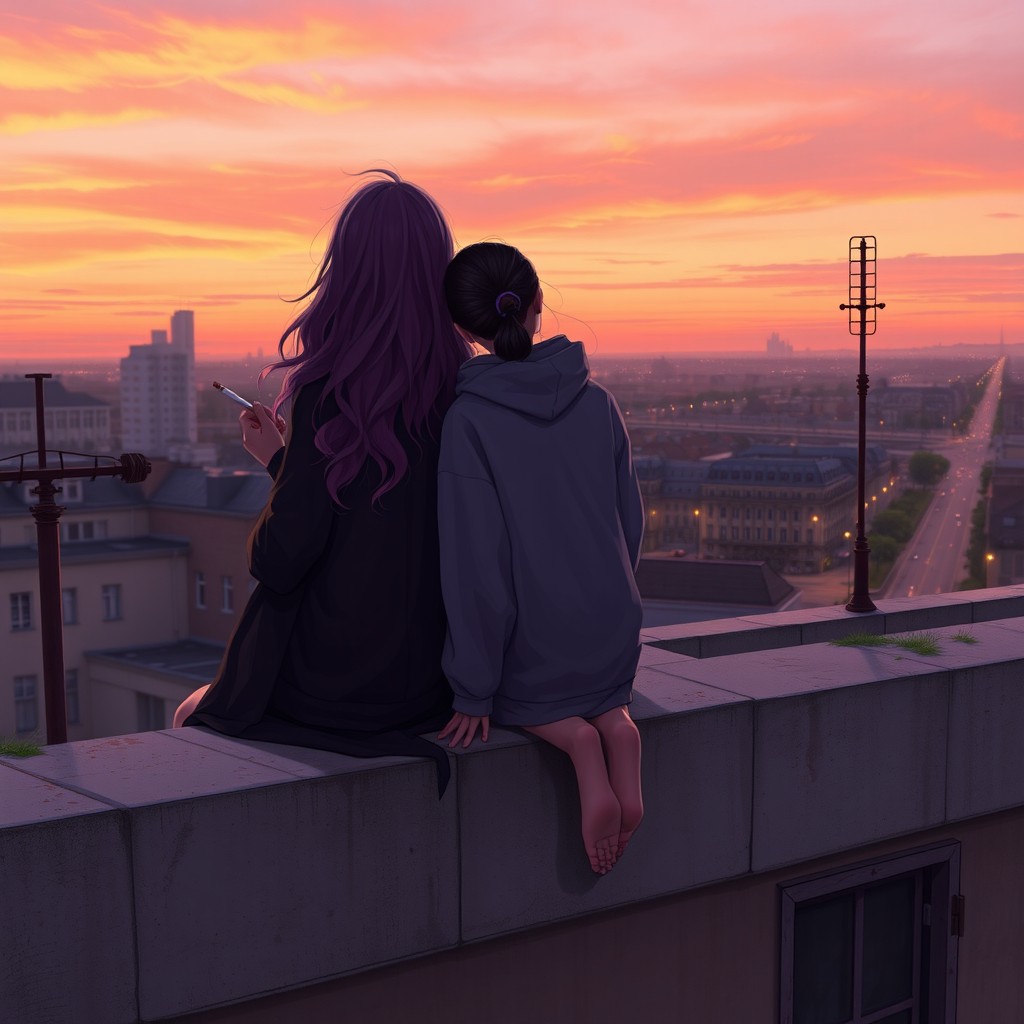 Two girls sitting side by side on the rooftop of an old building during sunset, gazing at the city below