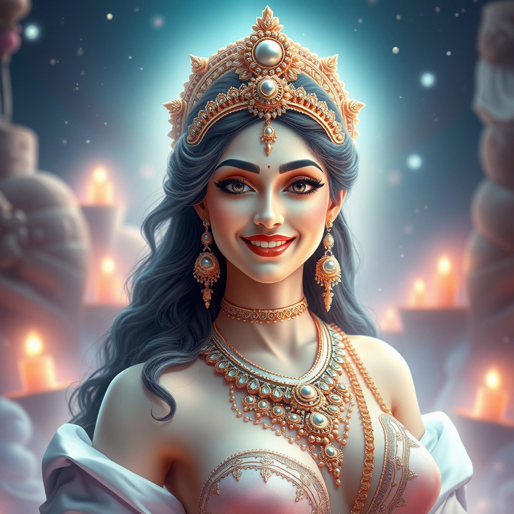A stunning depiction of a divine goddess figure with a beautiful face and an alluring smile