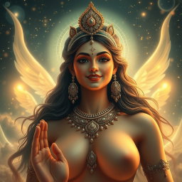 A stunning depiction of a divine goddess figure with a beautiful face and an alluring smile