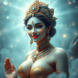 A stunning depiction of a divine goddess figure with a beautiful face and an alluring smile