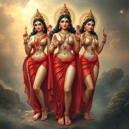 A beautiful depiction of three divine goddess figures, elegantly adorned with intricate jewellery around their necks and wearing stunning payal (anklets) on their feet