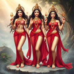 A beautiful depiction of three divine goddess figures, elegantly adorned with intricate jewellery around their necks and wearing stunning payal (anklets) on their feet