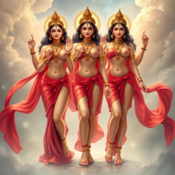 A beautiful depiction of three divine goddess figures, elegantly adorned with intricate jewellery around their necks and wearing stunning payal (anklets) on their feet