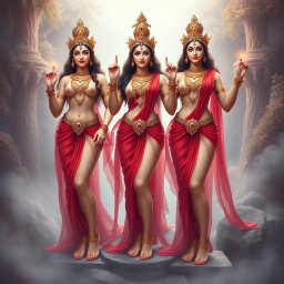 A beautiful depiction of three divine goddess figures, elegantly adorned with intricate jewellery around their necks and wearing stunning payal (anklets) on their feet