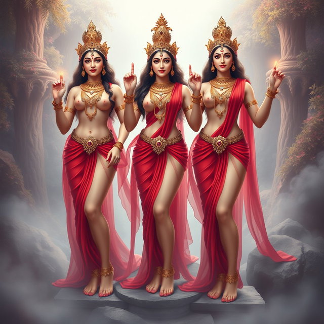 A beautiful depiction of three divine goddess figures, elegantly adorned with intricate jewellery around their necks and wearing stunning payal (anklets) on their feet