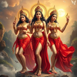 A stunning portrayal of three divine goddess figures, each adorned with exquisite jewellery around their necks and beautiful payal (anklets) adorning their feet