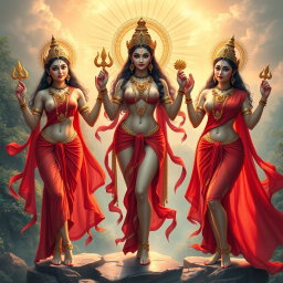 A stunning portrayal of three divine goddess figures, each adorned with exquisite jewellery around their necks and beautiful payal (anklets) adorning their feet
