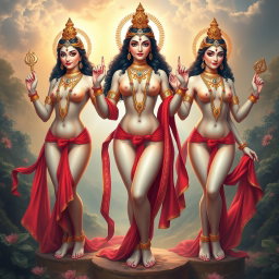 A stunning portrayal of three divine goddess figures, each adorned with exquisite jewellery around their necks and beautiful payal (anklets) adorning their feet