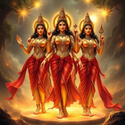 A stunning portrayal of three divine goddess figures, each adorned with exquisite jewellery around their necks and beautiful payal (anklets) adorning their feet