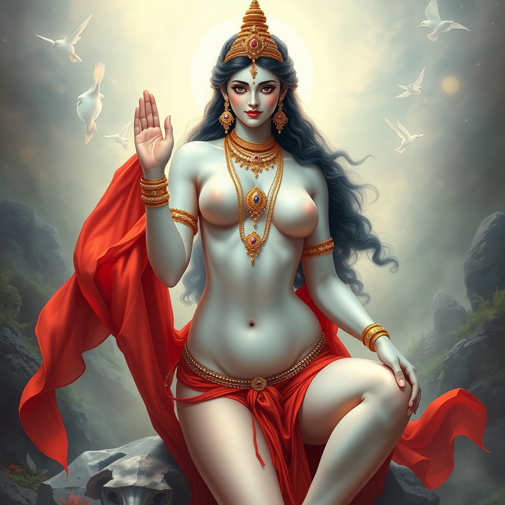 A breathtaking portrayal of a divine goddess with glowing milk-white skin, elegantly adorned with intricate jewellery around her neck and shimmering payal (anklets) on her feet