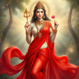 A breathtaking portrayal of a divine goddess with glowing milk-white skin, elegantly adorned with intricate jewellery around her neck and shimmering payal (anklets) on her feet