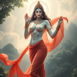 A breathtaking portrayal of a divine goddess with glowing milk-white skin, elegantly adorned with intricate jewellery around her neck and shimmering payal (anklets) on her feet