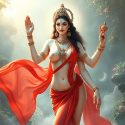 A breathtaking portrayal of a divine goddess with glowing milk-white skin, elegantly adorned with intricate jewellery around her neck and shimmering payal (anklets) on her feet