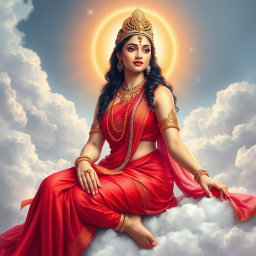 A beautiful divine goddess adorned in exquisite jewelry around her neck and delicate payal (anklets) on her feet, dressed in a vibrant red saree that elegantly drapes from her waist to her knees, exuding divine beauty