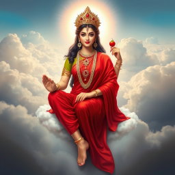 A beautiful divine goddess adorned in exquisite jewelry around her neck and delicate payal (anklets) on her feet, dressed in a vibrant red saree that elegantly drapes from her waist to her knees, exuding divine beauty