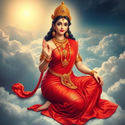 A beautiful divine goddess adorned in exquisite jewelry around her neck and delicate payal (anklets) on her feet, dressed in a vibrant red saree that elegantly drapes from her waist to her knees, exuding divine beauty