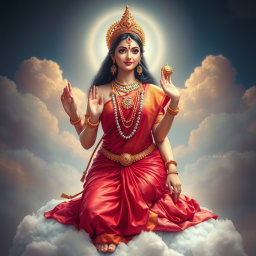 A beautiful divine goddess adorned in exquisite jewelry around her neck and delicate payal (anklets) on her feet, dressed in a vibrant red saree that elegantly drapes from her waist to her knees, exuding divine beauty