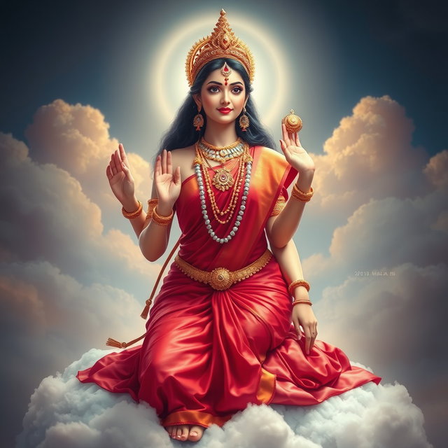 A beautiful divine goddess adorned in exquisite jewelry around her neck and delicate payal (anklets) on her feet, dressed in a vibrant red saree that elegantly drapes from her waist to her knees, exuding divine beauty
