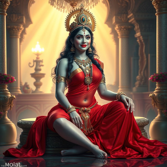 A mesmerizing depiction of a beautiful divine Devi goddess, adorned with jewelry around her neck and delicate payal on her feet