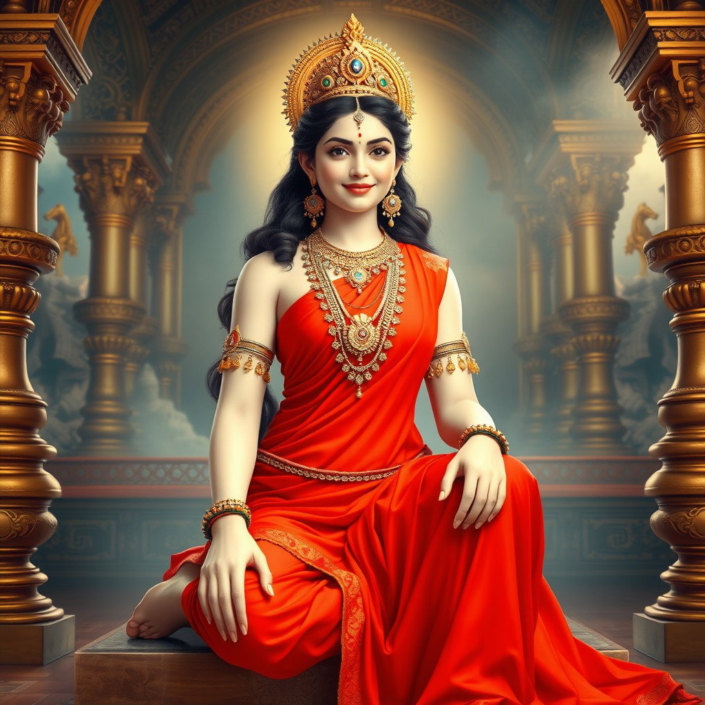A beautiful divine goddess with milk-glow skin, adorned with exquisite jewelry around her neck and delicate payal (anklets) on her feet