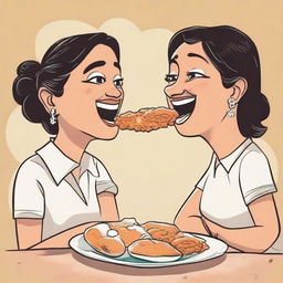 A playful cartoon of a young lady and a man facing each other, joyously eating vadapav, a beloved Indian snack