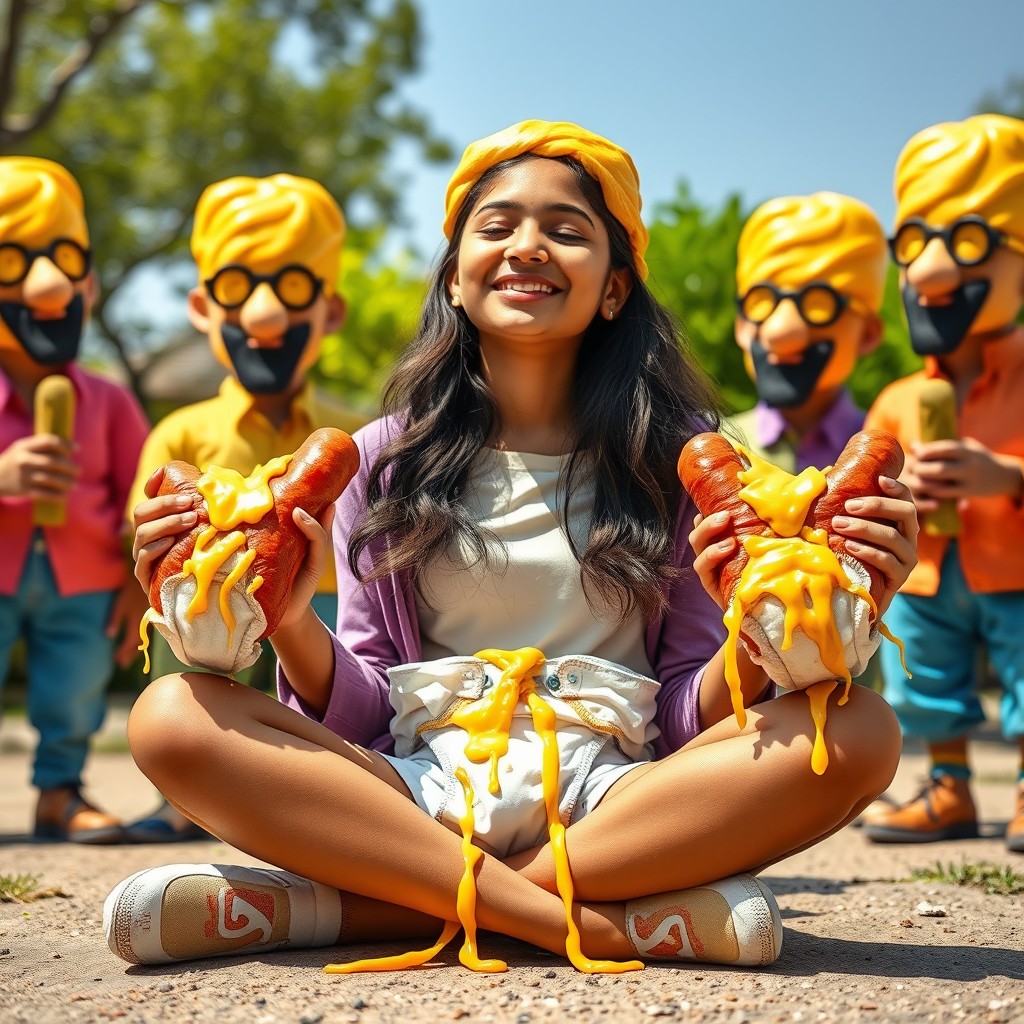 A vibrant and whimsical scene featuring a young Pakistani girl, 18 years old, sitting comfortably in a criss-cross position and smiling with her eyes closed