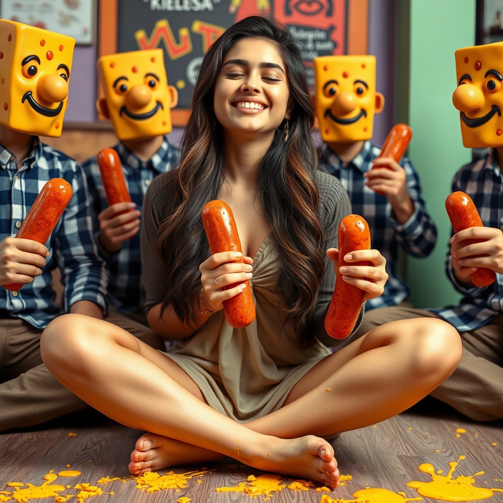 A hot Pakistani girl of 18 years old, sitting criss-cross with a radiant smile and her eyes closed, surrounded by quirky men with whimsical cheesy kielbasa heads